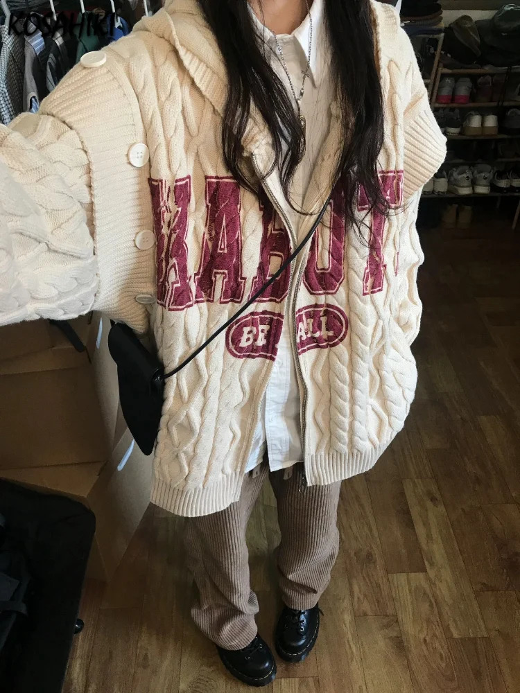 Removable Harajuku Vintage Hooded Cardigan Patchwork Women Autumn Y2k Aesthetic Loose Jacket Letter Print Solid Grunge Sweaters 240824