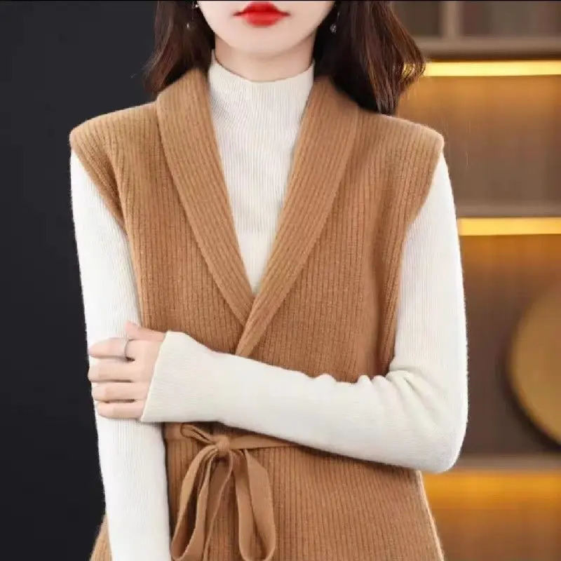 Knitted vest women 2023 spring and autumn drawstring sweater loose outer cardigan camisole trendy tops 240826