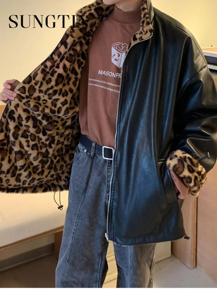 Sungtin Winter Reversible PU Leather Jackets for Women Leopard Print Plush Faux Fur Coat Korea Oversized Thicken Warm Clothing 240824