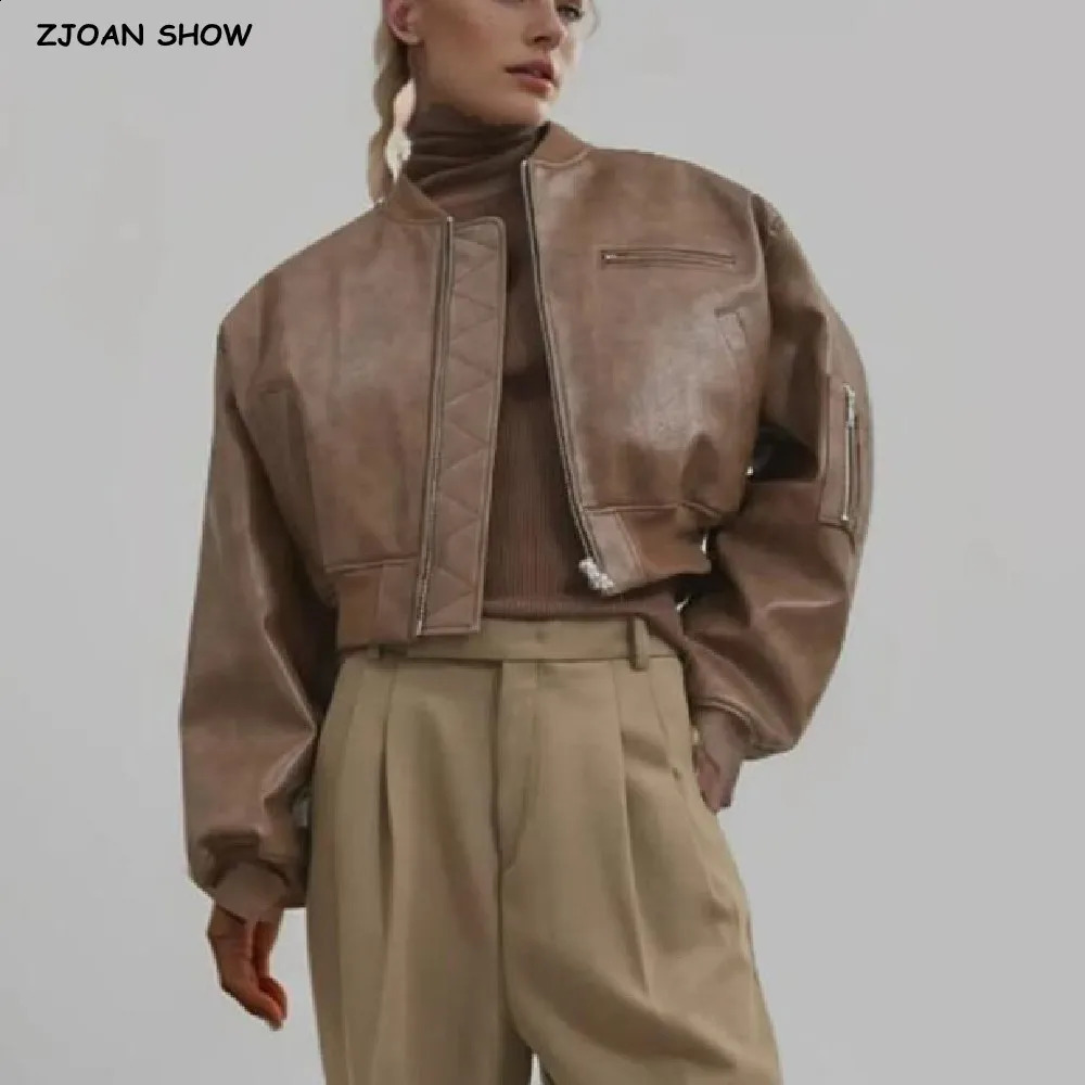American Retro Women Rib V neck PU Leather Jacket Street Full Sleeve Zipper Bomber Quilted Coat High Waist Short Outerwear 240824