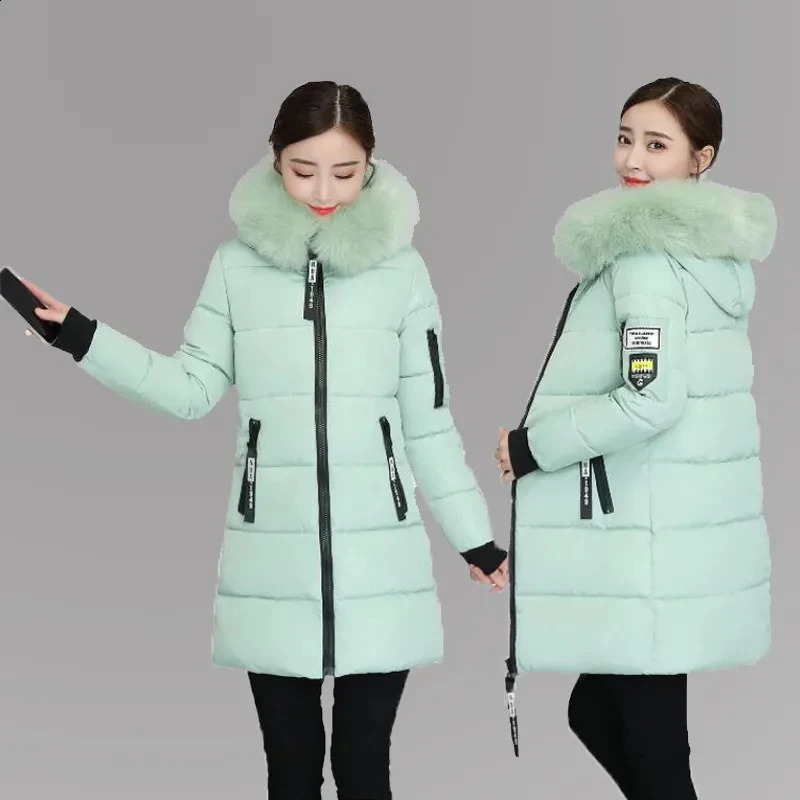 Fashion Fur Collar Hooded Down Cotton Coat Womens Winter Parkas Jacket Long Warm Padded Puffer Snow Wear Outwear Female 240824