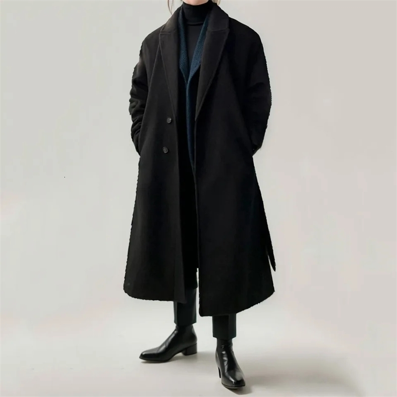 Simple Elegant Black Woolen Jacket For Women Style Padded Hollow Out Long Belt Korean Loose Fit y240824