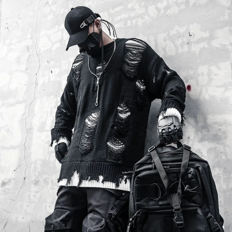 Deux pulls punk hip-hop à trou pour mans pour les tricots rétro décontractés pour la rue Mens pour 2024 congé annuel 240826