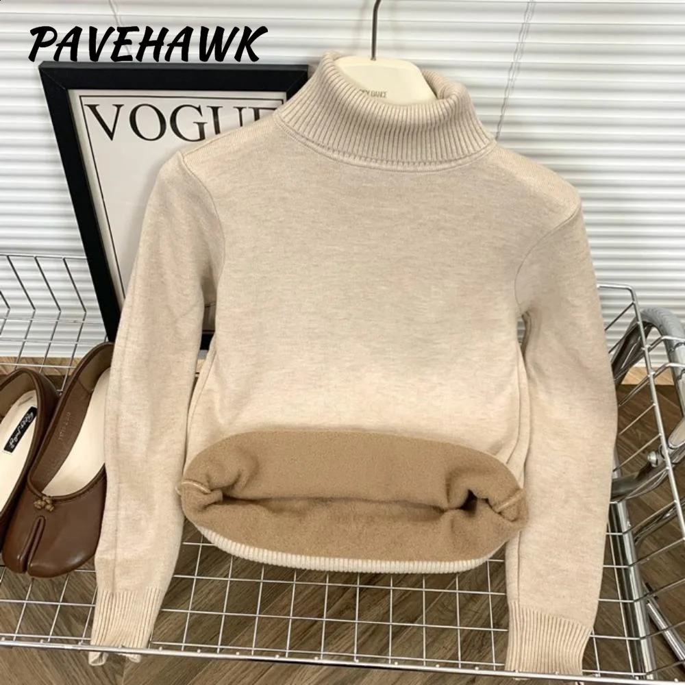 Women Turtleneck Sweaters Long Sleeve Thicken Plush Velvet Knitted Sweater Elegant Pullover Warm Knitwear Slim Fit Female Tops 240826