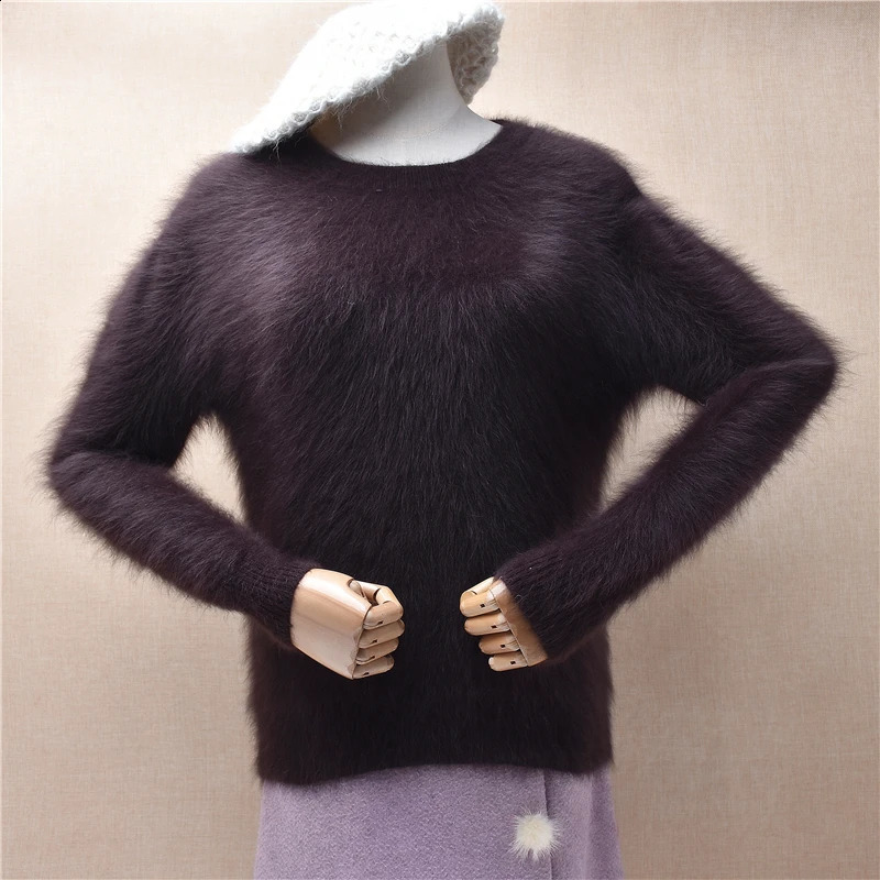 Ladies Women Autumn Winter Clothing Hairy Plush Mink Cashmere Knitted Short Style O-Neck Crop Top Slim Blouses Pullover Sweater 240826