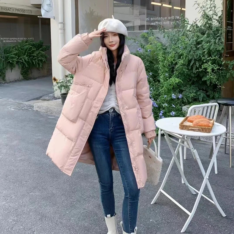 stand-up collar coats down winter jackets woman Mid-length loose zipper warm down jacket Korean fashion Casual Puffer coats 240824