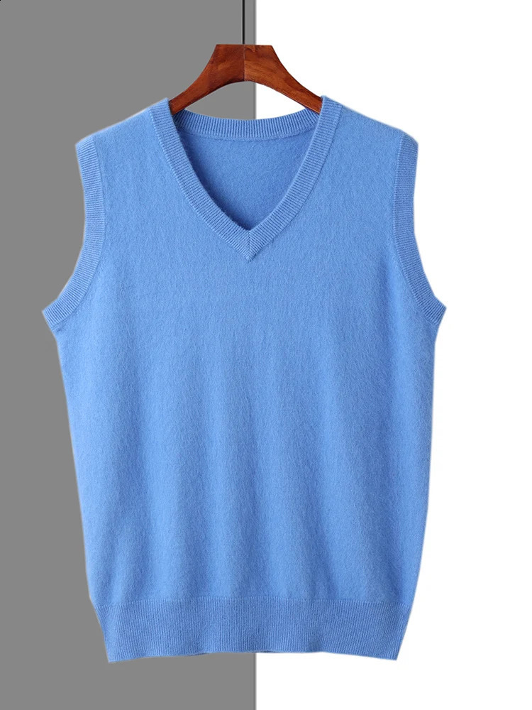 Hommes 100% pur vison cachemire gilet sans manche printemps et gilet à col en v-couche d'automne d'âge moyen et de veste lâche en tricot à toit c