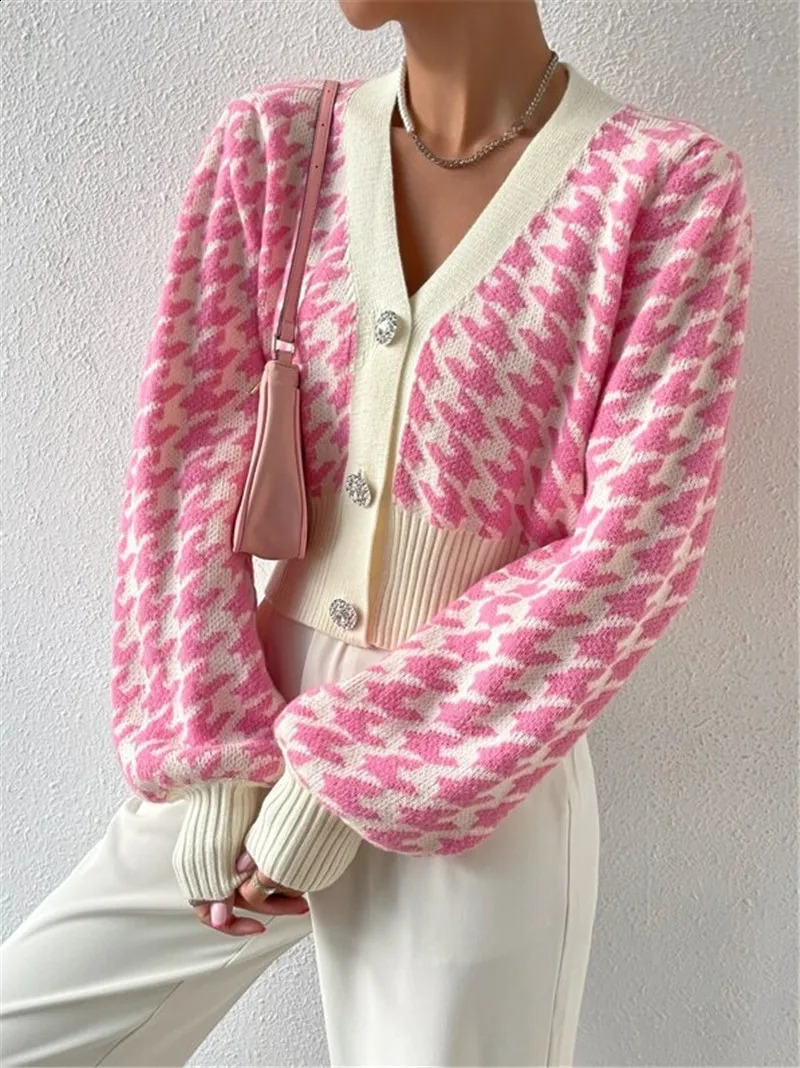 Womens autumn and winter coat casual and fashionable Communicating style hunting dog stone pattern lantern sleeve knitted cardigan woolen sweater 24