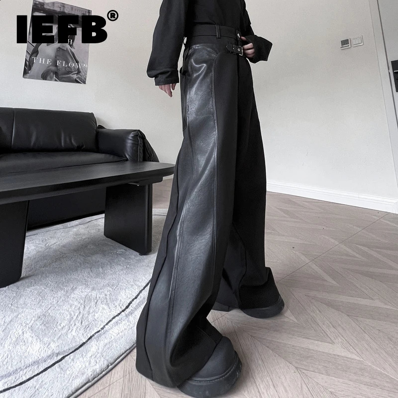 IEFB Mens Trousers Autumn Dark Casual Pants Pu Leather Patchwork Streetwear Loose Korean Style Trend Male Overalls 9C1956 240826