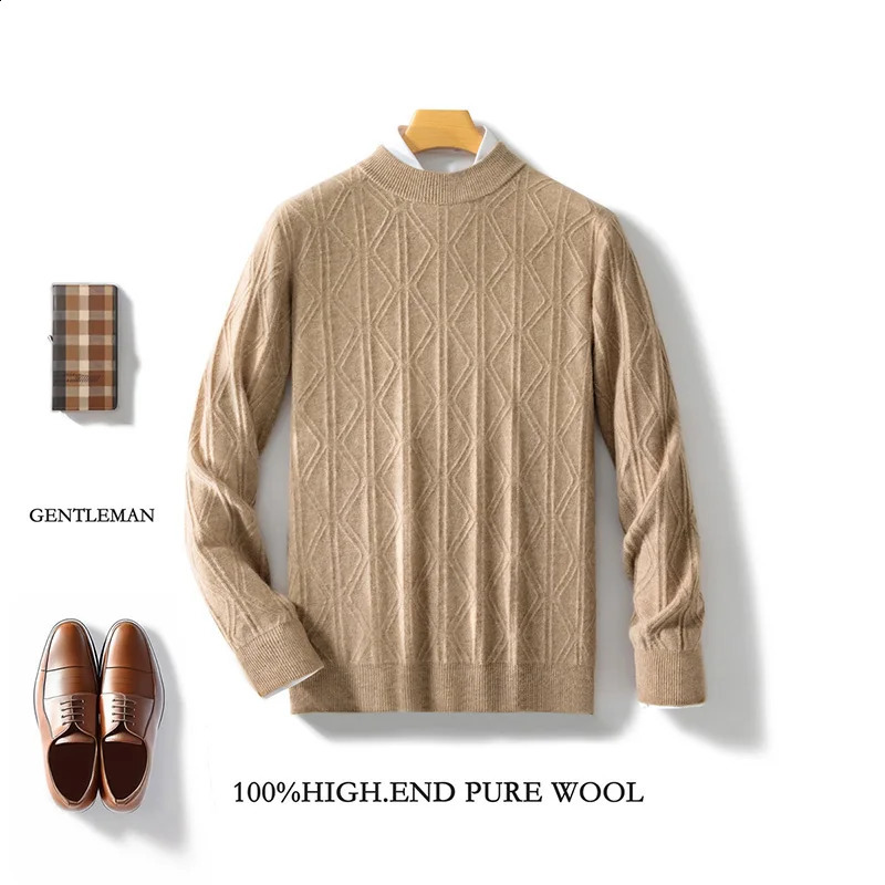 100% Merino wool mens round neck thick pullover sweater loose casual business knitted cashmere sweater bottoming shirt top 240826
