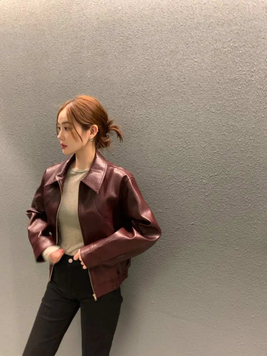 Leather and Leather Jackets Korean Fashion Autumn Winter Retro Lapel Casual Jacket Clothes Women Fall Solid Coats Woman 240824