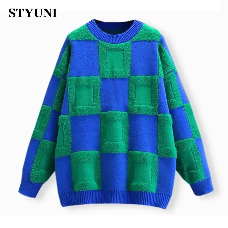 Blue green plain weave acrylic knitted long sleeved sweater loose womens sweater Korean fashion latte sweater autumn and winter 240826