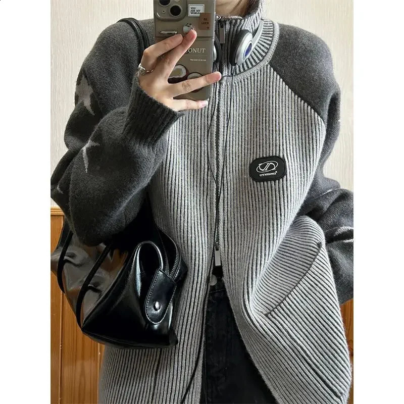 Vintage turtleneck Cardigans sweater grey Double Zipper Women Autumn Sweater Y2k Korean fashion Star Print Patchwork Jacket 240824