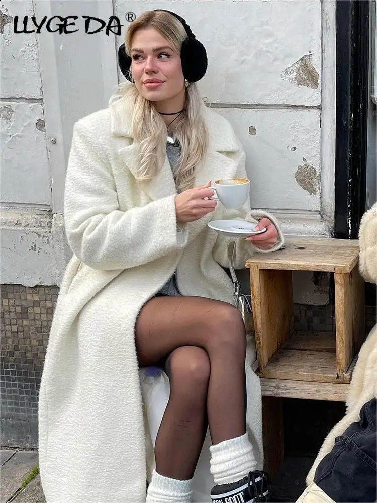 Fashion Thick Blends Long Coat Women Elegant Long Sleeve Warm Coats Female Autumn Winter Single Breasted Loose Outwear Lady 240826