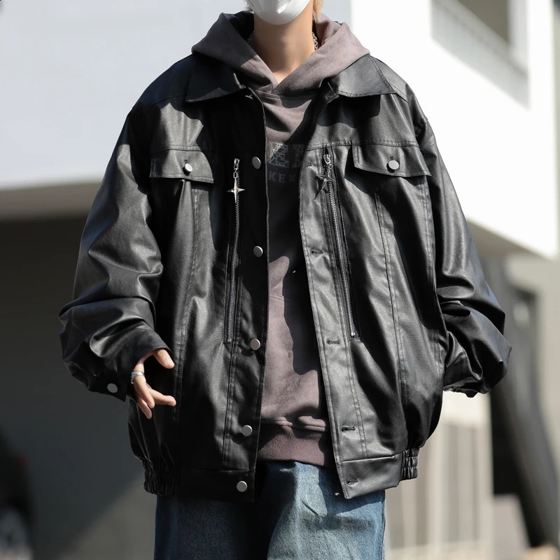 Streetwear Fashion Mens PU Leather Jacket Casual Tops Y2k Punk Turn Down Collar Zipper Desgin Motorcycle Leather Jacket Men 240826