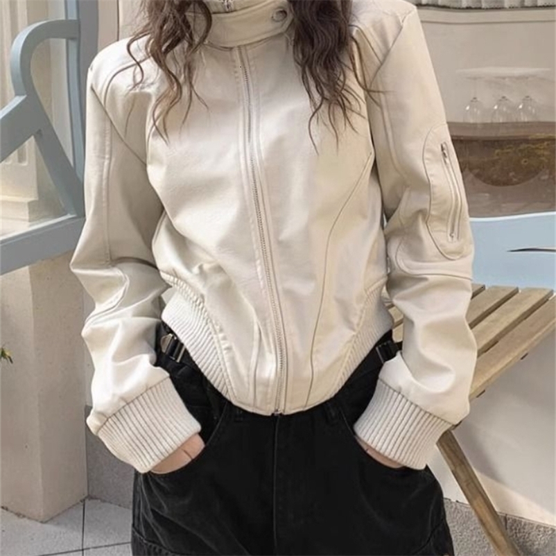 Retro white short leather jacket for womens casual loose street bike motorcycle jacket for women winter fashion Korean chic jacket 240824