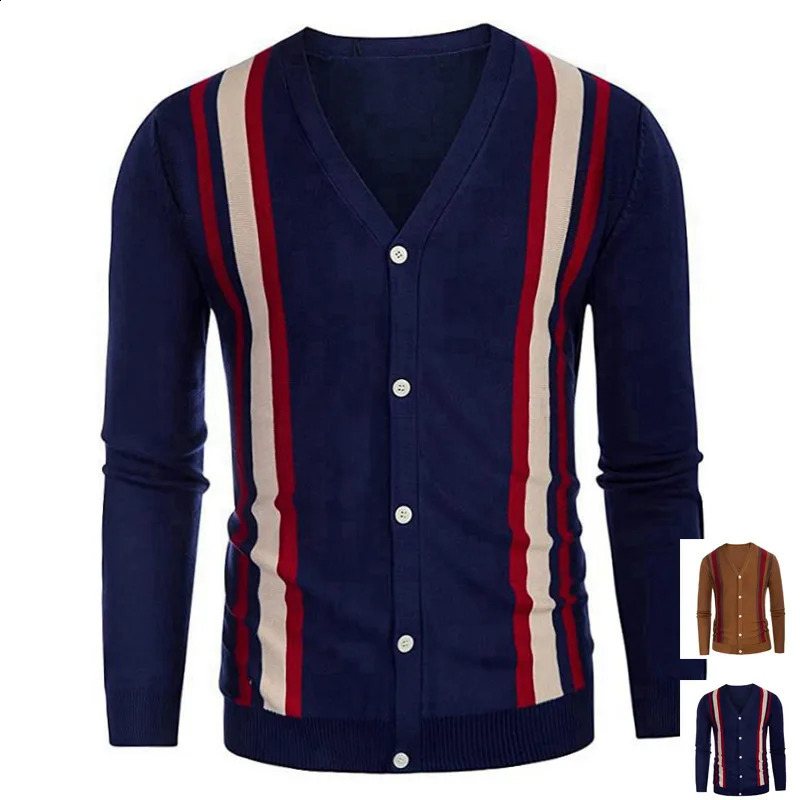 Knitted cardigan mens spring and autumn long sleeved knitted shirt striped sweater business casual V-neck twisted coat polo shirt 240824