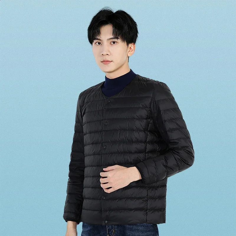 lightweight autumn mens winter jacket 90% duck down jacket mens collarless down warm S-3XL black inflatable jacket Lq409 240826