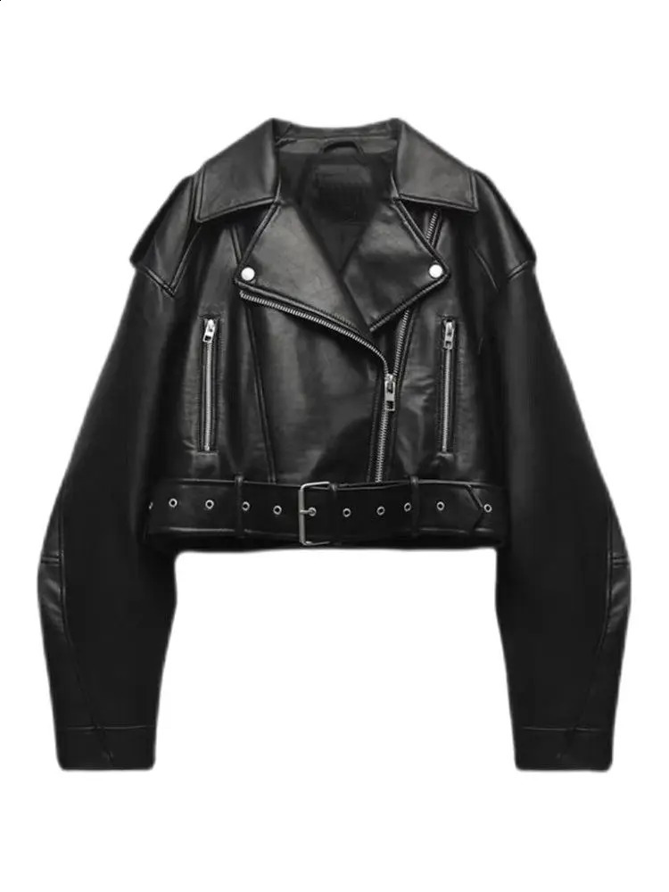 Women Vintage Loose Pu Faux Leather Short Jackets with Belt Streetwear Female Zipper Retro Motor Biker Coats Outwear Tops 240824