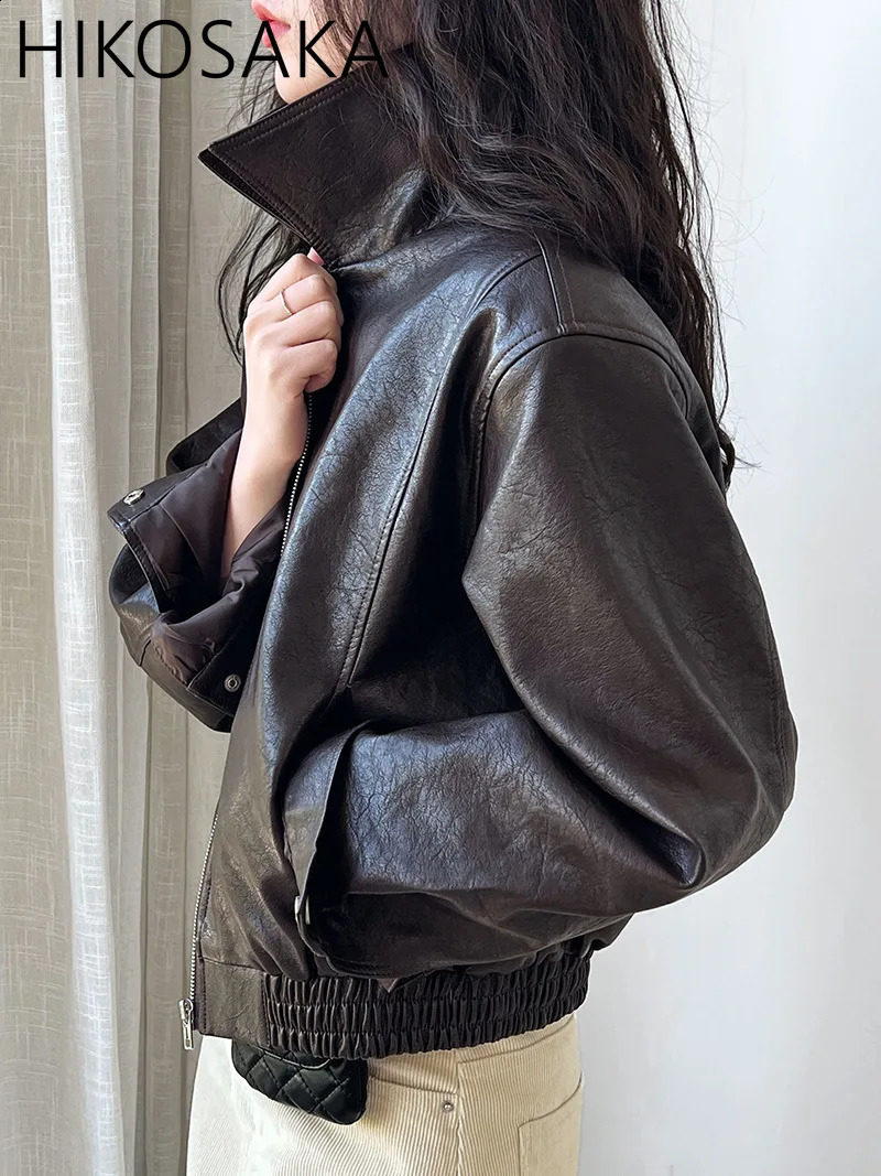 American Vintage PU Leather Jacket Women Turn-down Collar Zipper Long Sleeve Coat Korean Chic Simple All-match Autumn Winter Top 240824