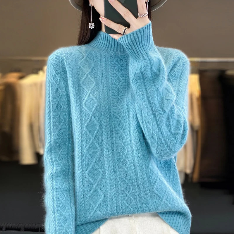 100% Merino wool cashmere sweater autumn and winter womens sweater twisted high neck long sleeves warm top 240826