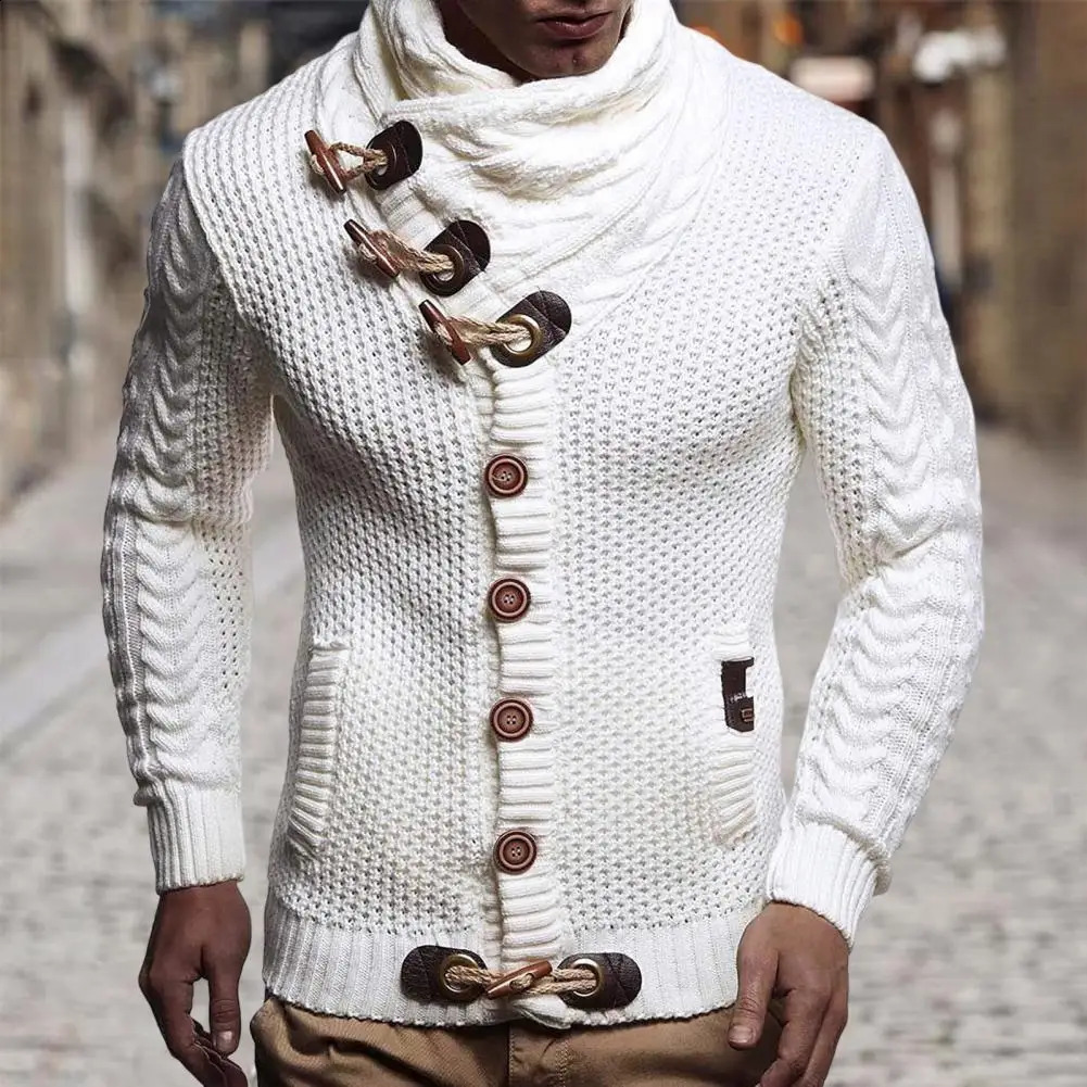 Retro cow neck flared button sweater high neck cardigan long sleeved single chest slim fit knitted mens style knitted 240824
