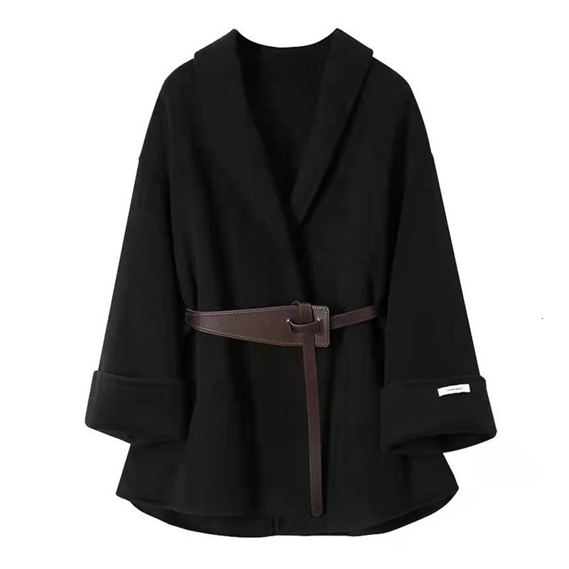 2024 Autumn Mid Long Woollen Coats and Blends Black Elegant with Belt Tweed Jacket Loose Womens Winter Coat in Outerwears y240824