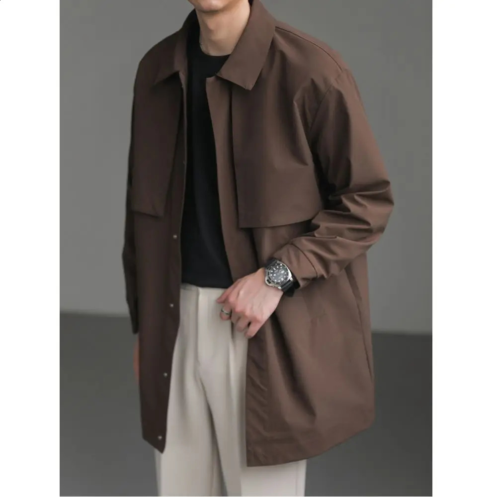 High-end Korean Fashion Mid-length Windbreaker Jacket Man Autumn Loose Casual Lapel Mens Windbreaker Trench Coat Men 240826