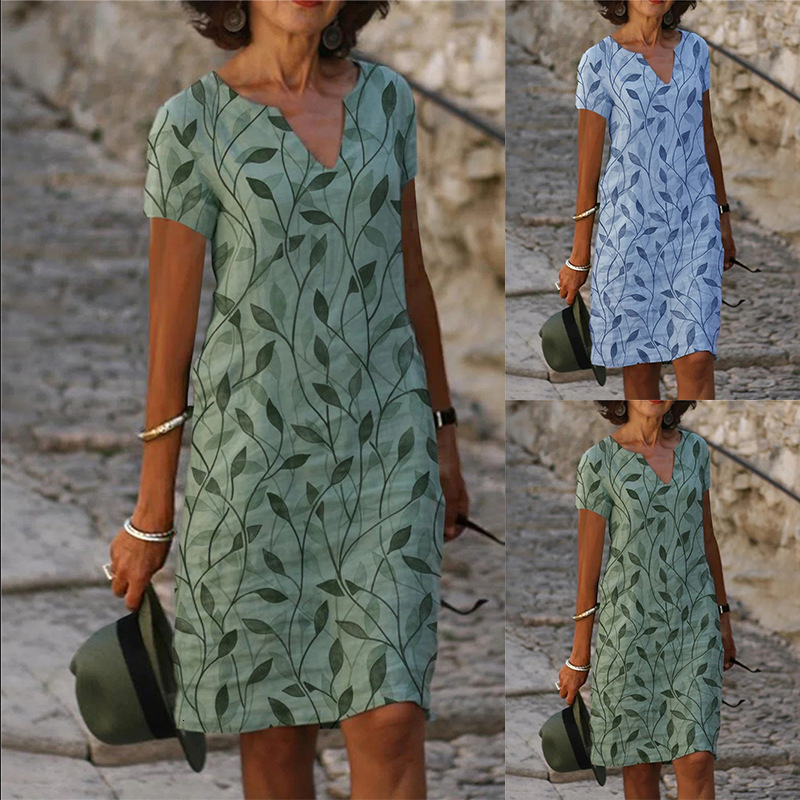 Women Casual Dress Women everyday Casual Dress Everyday New Leaf Printed Cotton Linen Everyday Short Sleeved V Neck Mid Length Ladies Basic Ladies B
