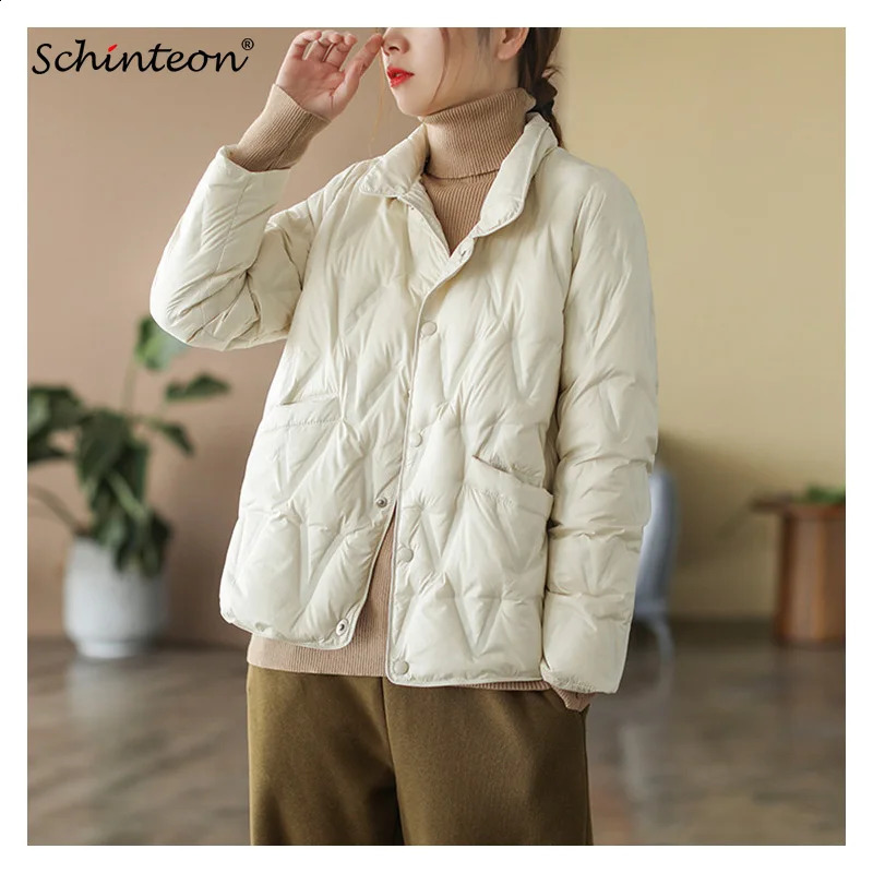 Schinteon Women Ultralight White Duck Down Jacket Argyle Stand Collar Autumn Winter Outwear Simple Korean Style Top 240824