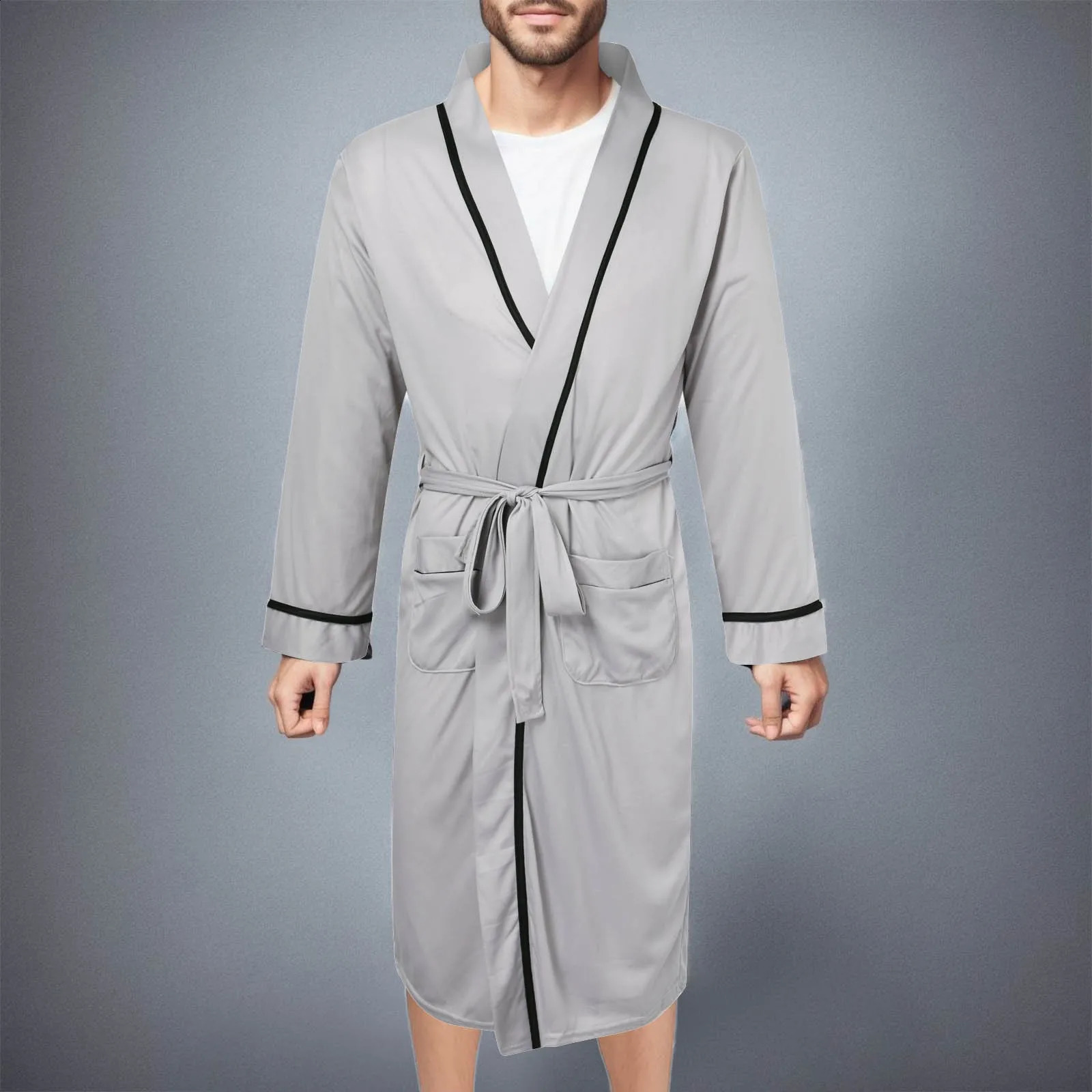 Cotton Bathrobe Mens Spring And Autumn Bathrobe Solid Color Sleepwear Home Clothes Long-Sleeved Mid Length Night Male Bath Robe 240826