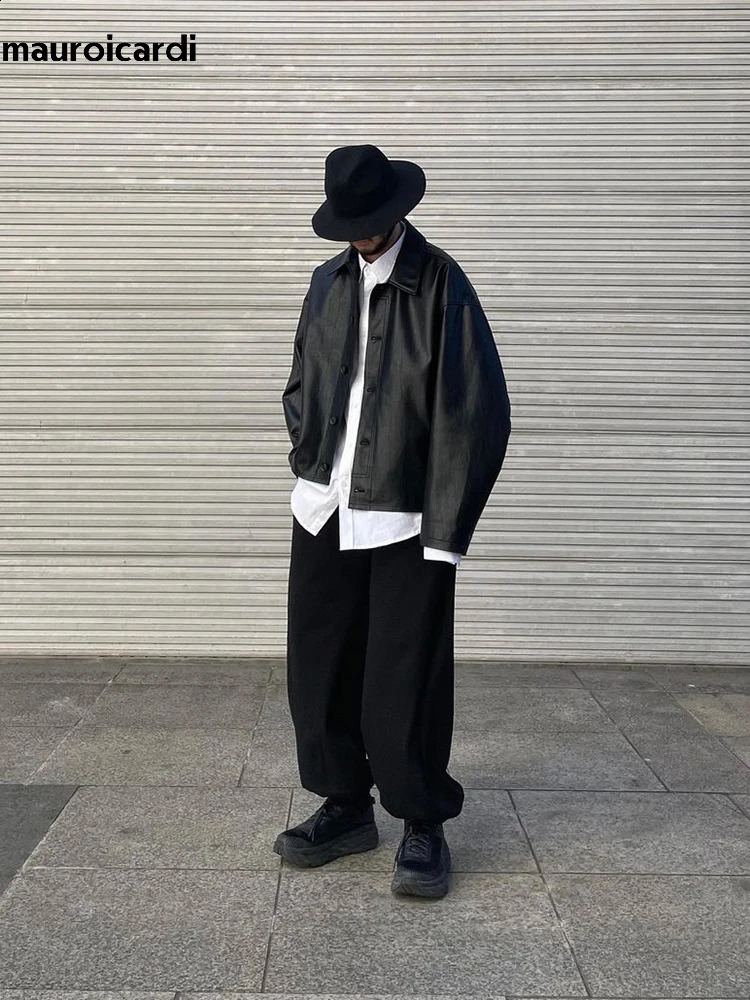 Mauroicardi Spring Autumn Cool Short Black Pu Leather Jacket Men Single Breasted Loose Casual Korean Fashion Clothes 240826