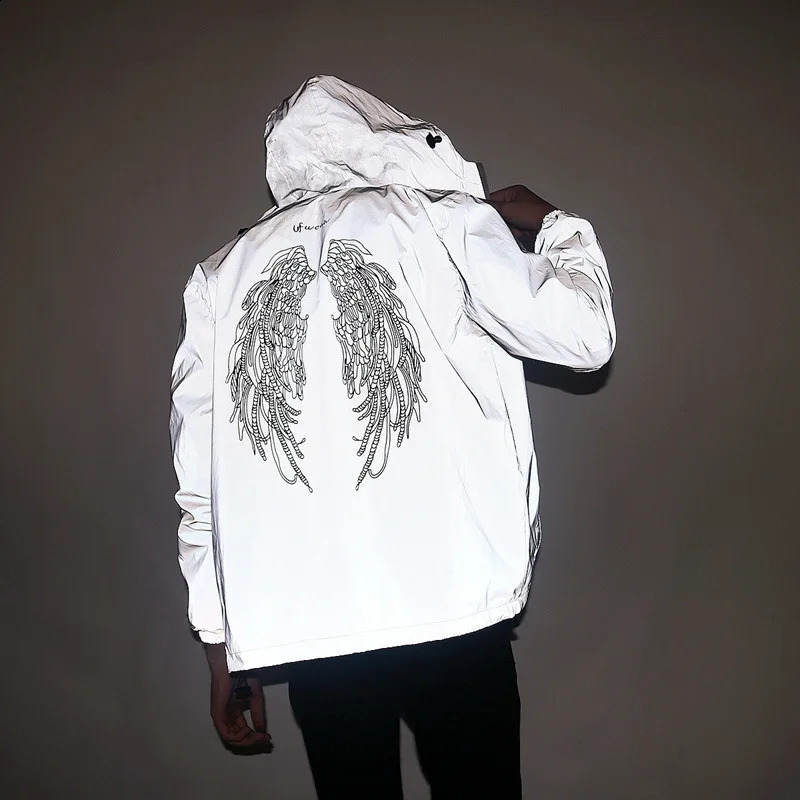 Mens Full Reflective Jacket Casual Women Windbreaker Hip Hop Hooded Coat Waterproof Printed Streetwear Night Shiny Jackets 5XL 240826