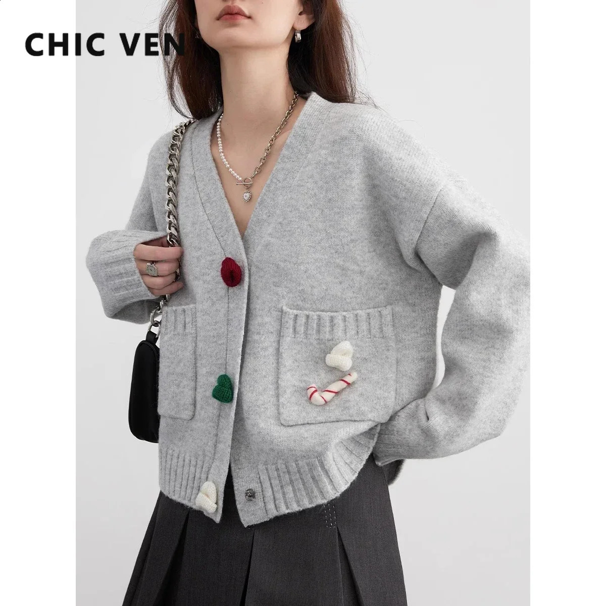 CHIC VEN Korean Womens Cardigan V-neck Loose Casual Knitted Sweaters Soft Female Jumpers Party Autumn Winter 240824