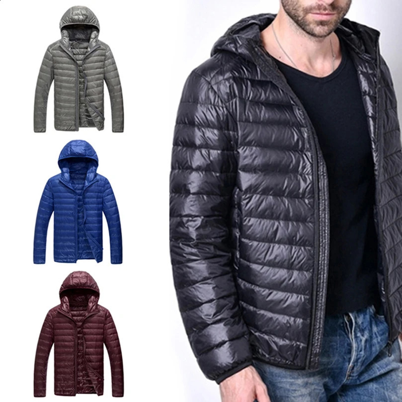 Lightweight Winter Down Jacket for Men Padded Hooded Ultra Light Packable Puffer Breathable Coat Big Size Black Jackets 240826