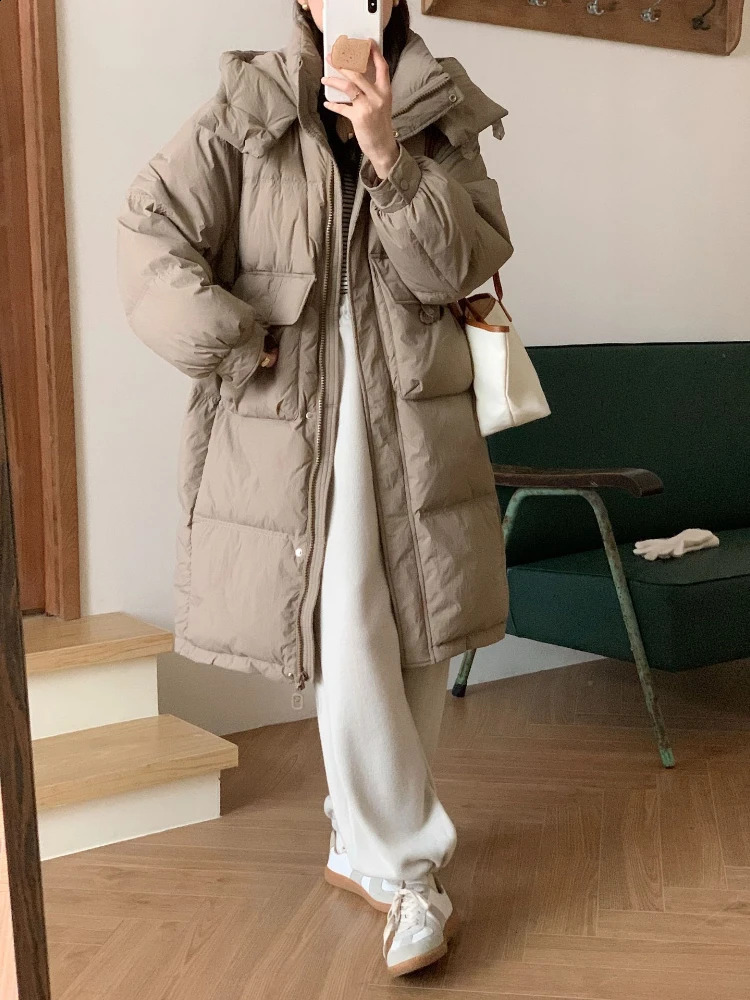 Winter Warm Coat Thickened White Duck Down Coat Hooded Long Parkas Korean Version of The Waist Slim Over The Knee Womens Coat 240824