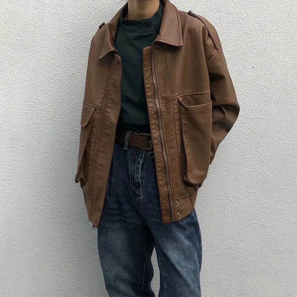 Mens American Retro Motorcycle Brown Leather Jacket Elegant British Pilot Baseball Uniform Jacket Motorcycle Riding Suit 240826