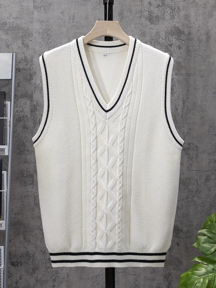ShiSho original mens striped versatile home casual basic comfortable autumn winter warm V-neck knitted sweater vest 240826