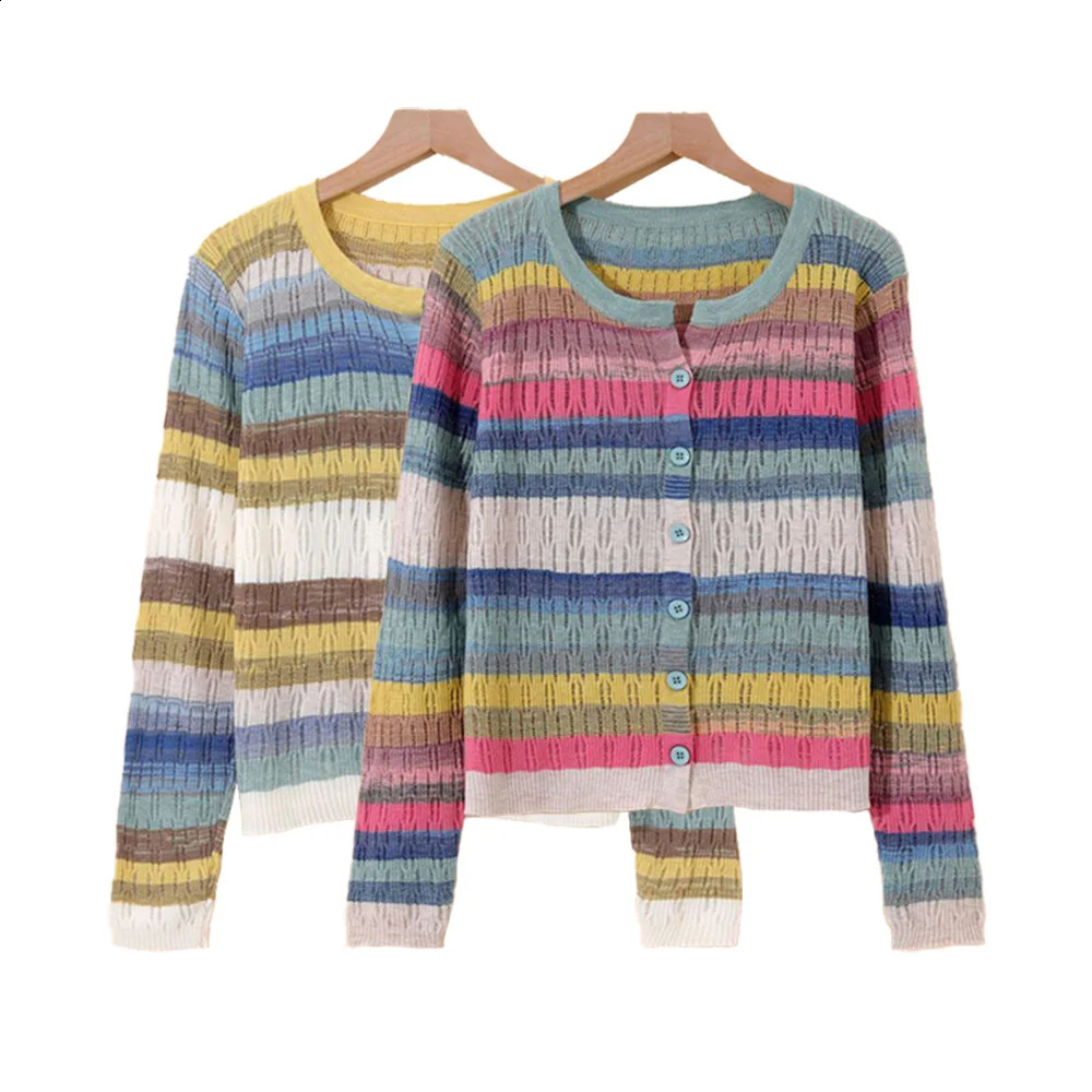 Tripe arc-en-ciel colorée en V-colme en tricot à la mode à manches longues pour femmes à manches longues Pull à poitrine Single Femmes Cardigan 2