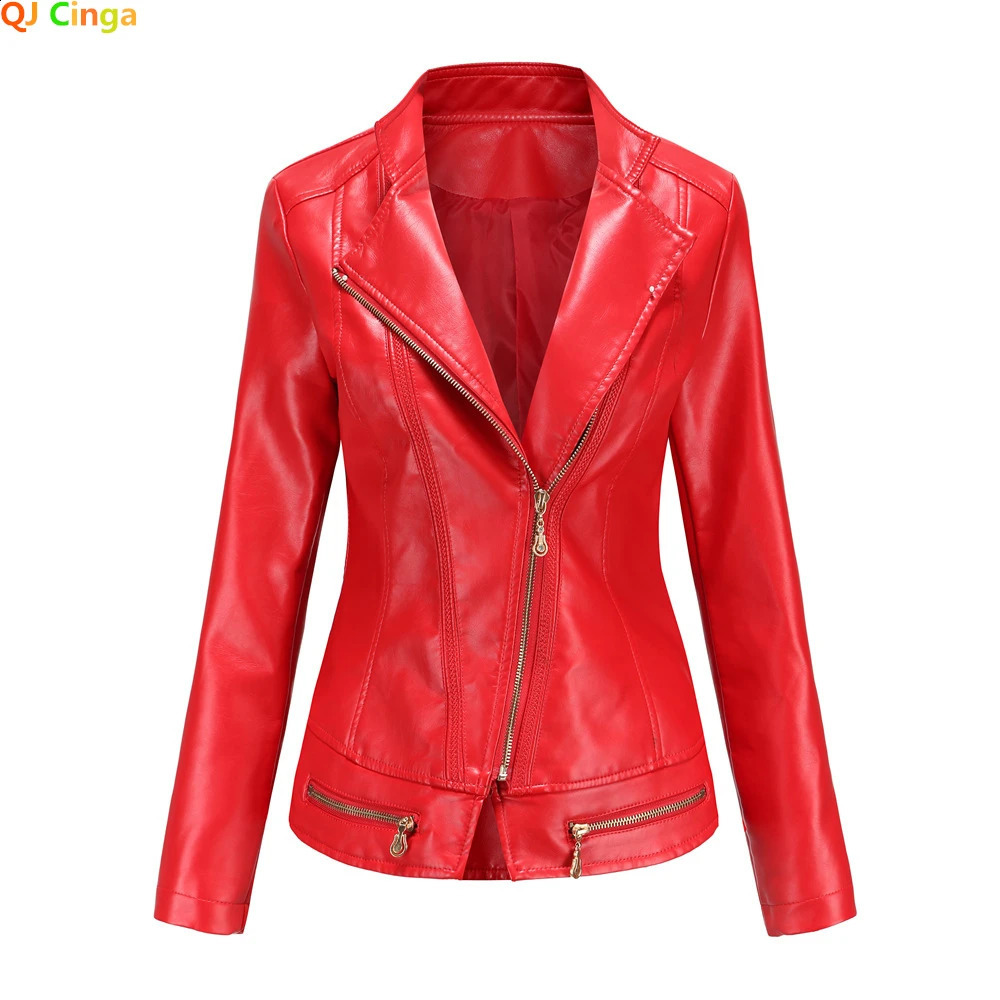Bright red lapel PU jacket womens zipper embossed leather jacket womens fashionable casual jacket womens jacket 240827
