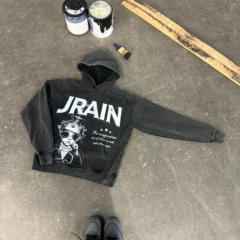 Vintage High Street anime alphabet print washed hoodie Men Y2k Street style Sweatshirt Hip Hop punk Harajuku loose couple hoodie 240826