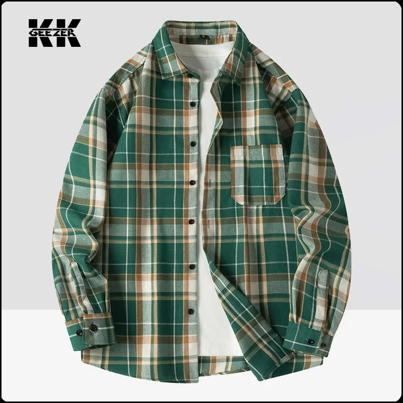 Men Shirt Plaid Flannel Long Sleeve Green Loose Mens Casual Shirt Oversized Spring Autumn Comfortable Male Soft Dress Shirt 240826