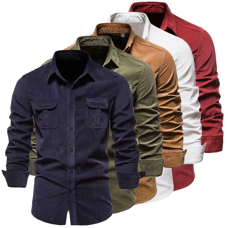 Mens spring and autumn shirt casual long sleeved Corduroy high-quality mens clothing pocket lapel single chest cardigan 240827