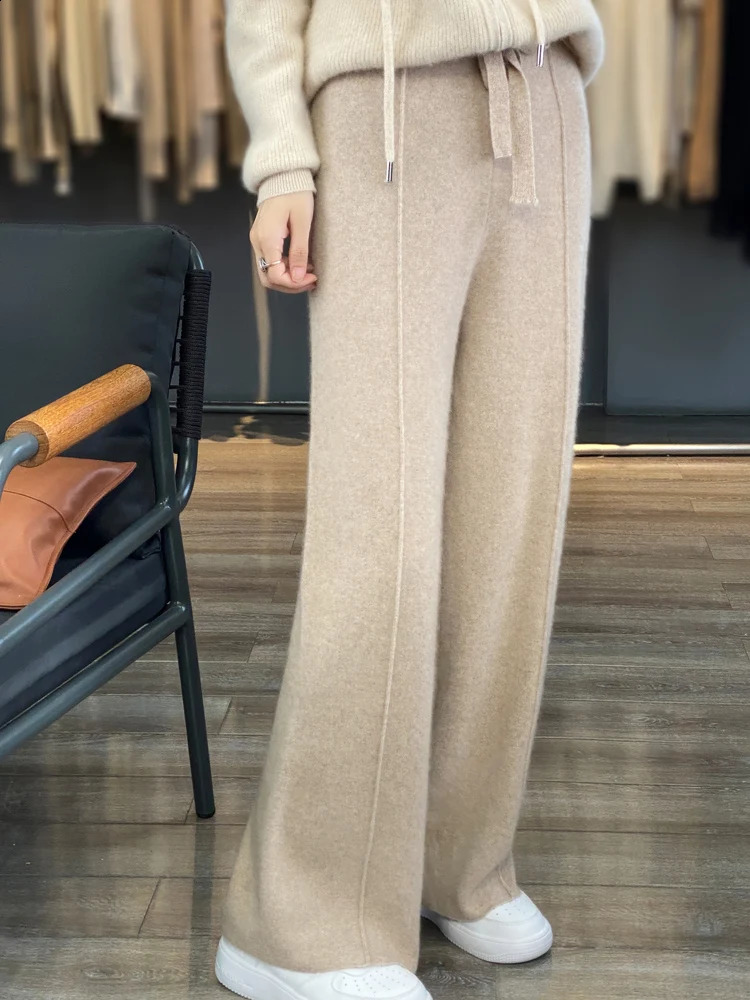 Womens Wool Wide Leg Pants Elastic Waist Cashmere Autumn Winter 100 Merino Knitted Casual Warm Soft Straight leg Trousers 240826