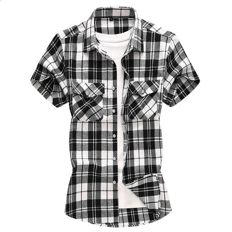 Striped Plaid Short-sleeved Shirt Mens Single-breasted Square Collar Cotton Shirts Summer Fashion Casual Camisa Men Chemise 7XL 240826