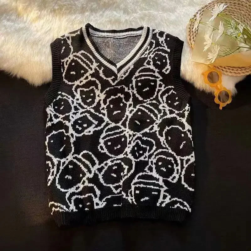 Knitted Sweaters for Men Waistcoat Vest Black Cute Anime Man Clothes Graphic Sleeveless Old Sweatshirts Warm Thick Winter Sheap 240826
