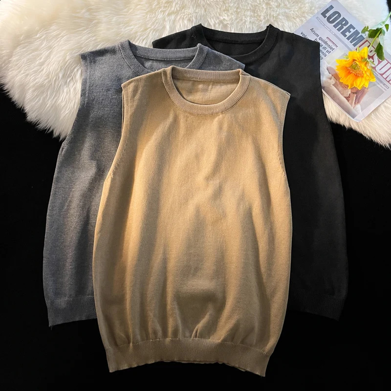 Men Spring Autumn Solid Color Knitted Vest Male Korean Loose Sleeveless Tops Mens Loose Casual Sweater Waistcoat K494 240826