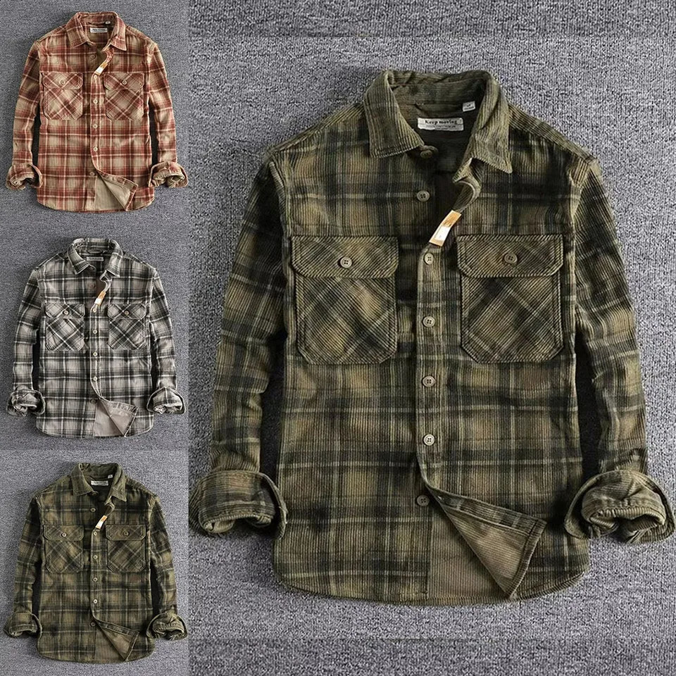 Fashion Mens Classic Plaid Shirts Washed Corduroy Thick Autumn Spring Long Sleeve Comfortable Shirt Coat Men Clothing 240826