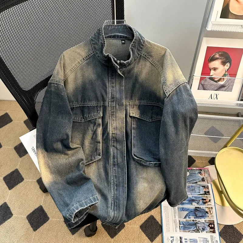 Spring Autumn Vintage Loose-fit Large Pocket Stand Collar Denim Jacket Men Casual Zippered Clothes Top 240826