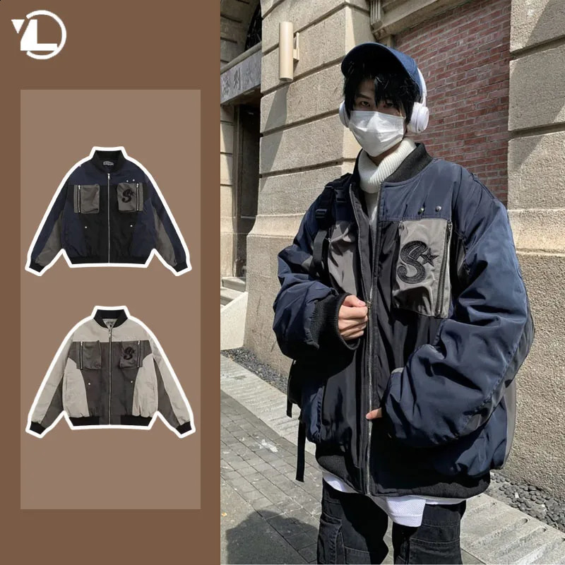Winter Pilot Jacket Men Letter Embroidery Thickened Couple Cotton Clothes Casual Loose Baseball Collar Coat Multi Pocket 240826